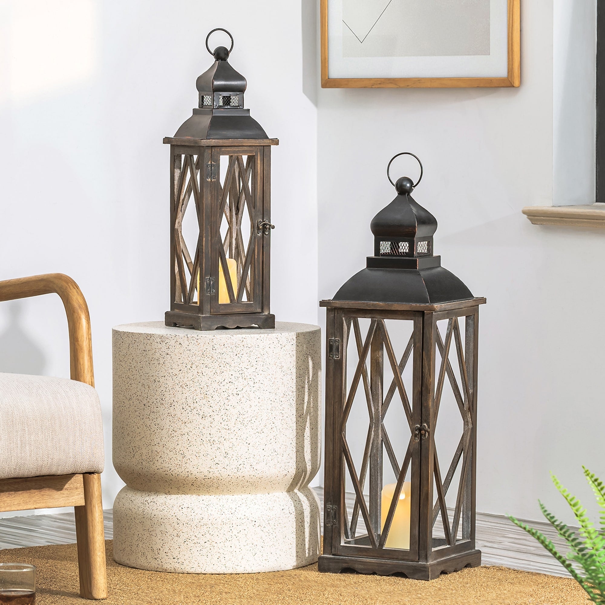 Glitzhome 2-Piece Oversize Farmhouse Wood/ Metal Hanging Candle Holders Decorative Lanterns