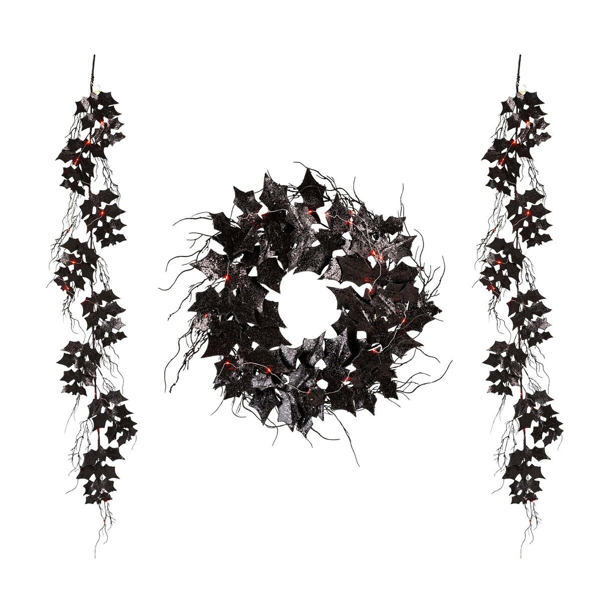 Glitzhome LED Lighted Halloween Bat Garland Wreath Wall Hanging Decor