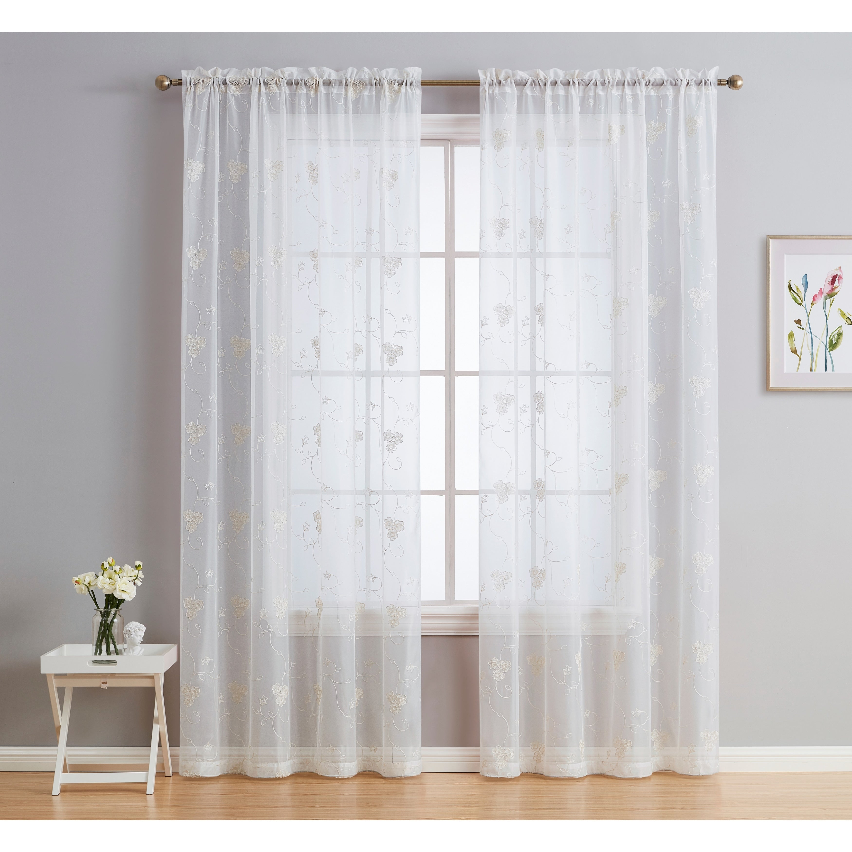 HLC.me Allegra Floral Vine Embroidered Sheer Light Filtering Window Curtain Drapery Rod Pocket Top Panels, Set of 2