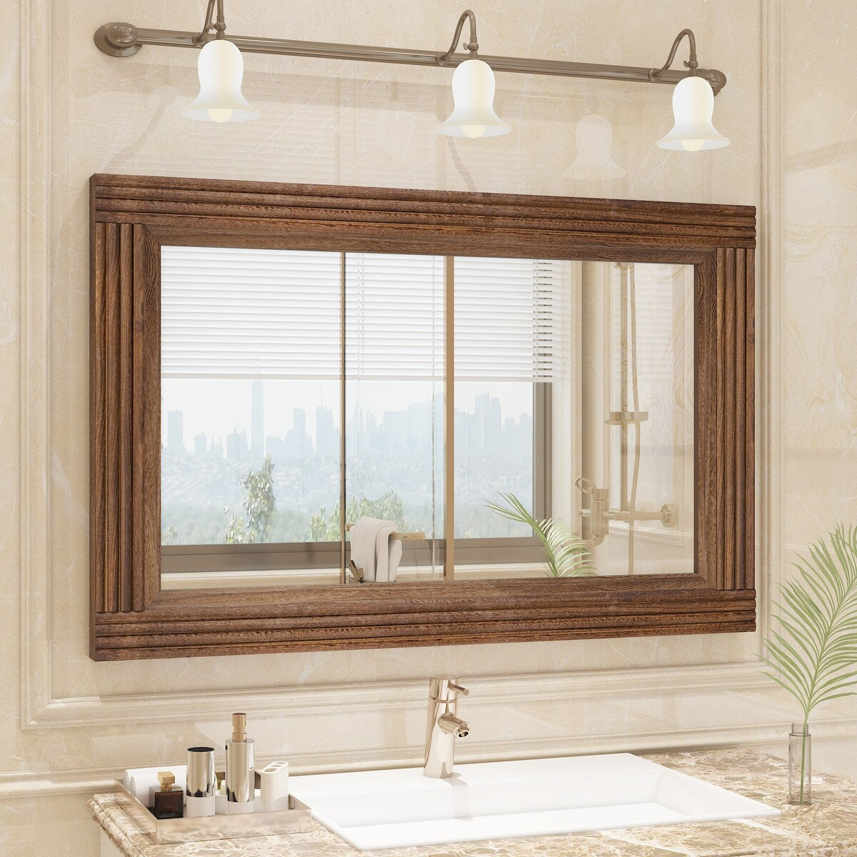 Solid Wood Frame Flat Bathroom Mirror