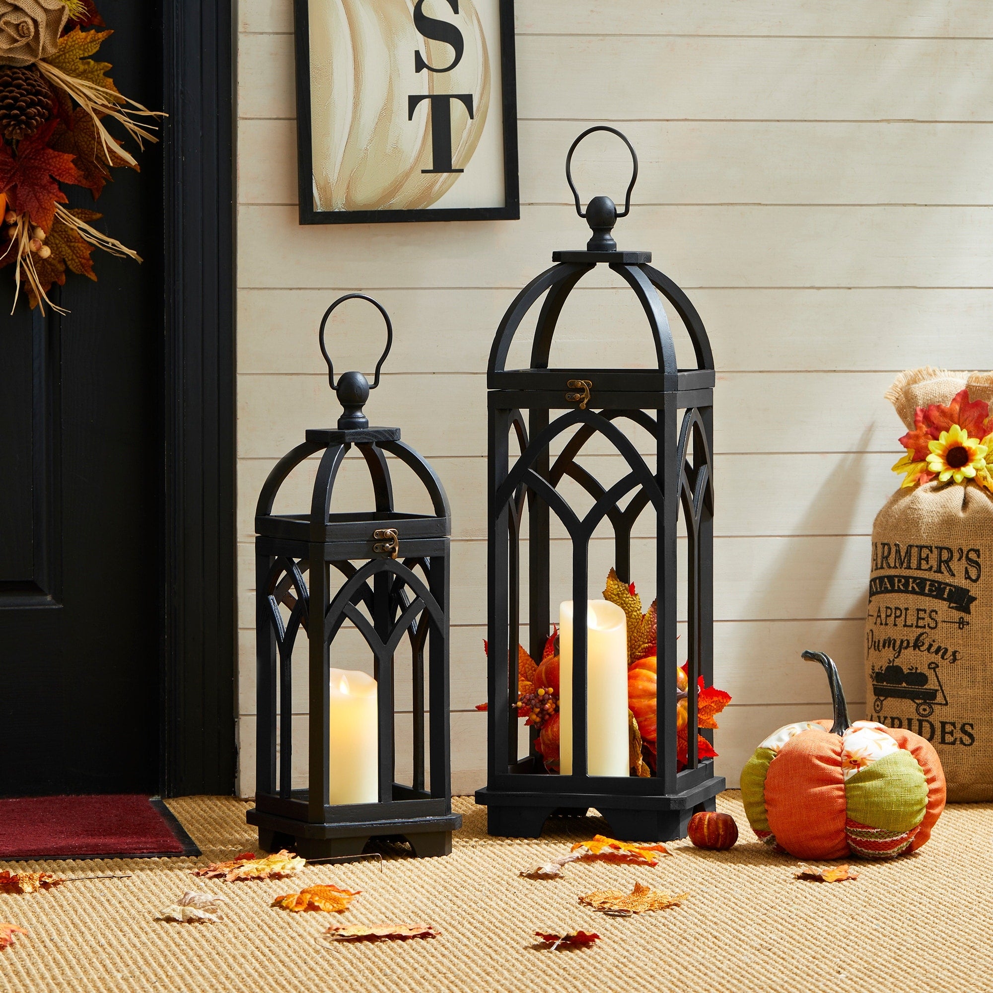 Glitzhome Set of 2 Wooden Church Style Fall Decorative Lanterns Candle Holders