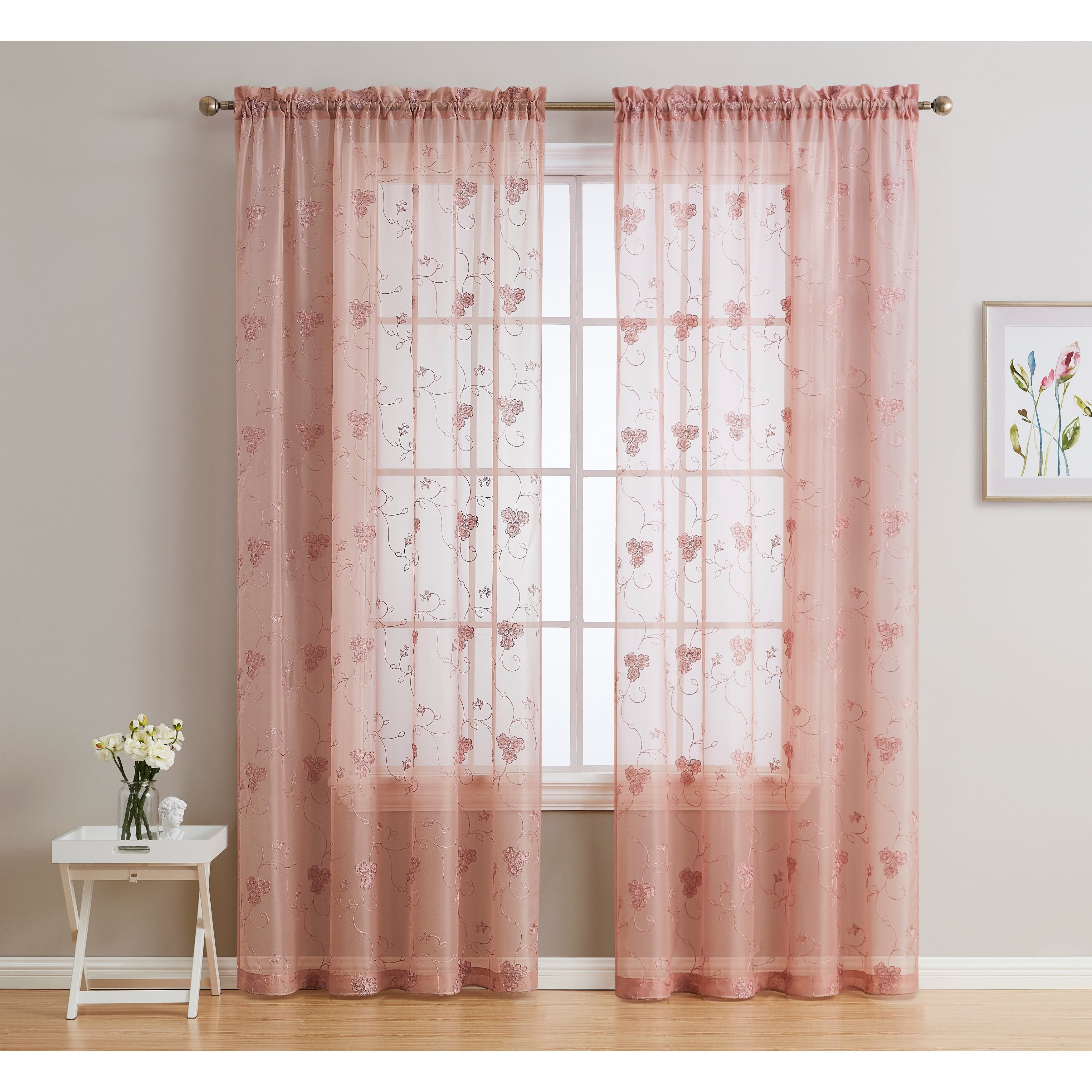 HLC.me Allegra Floral Vine Embroidered Sheer Light Filtering Window Curtain Drapery Rod Pocket Top Panels, Set of 2