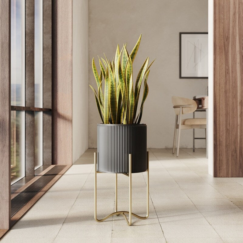 Everett Black Mid-Century Modern Indoor Metal Pot Planter with Tall Metal Base