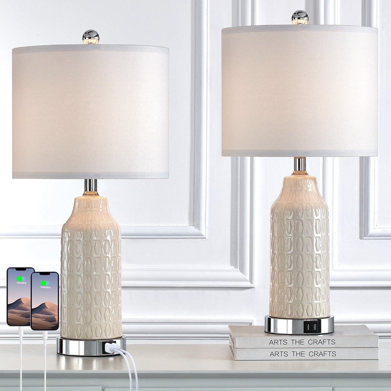 White Ceramic Table Lamps with 3-way Touch Dimming Switch & Dual USB Charging Ports & AC Outlet (Set of 2)