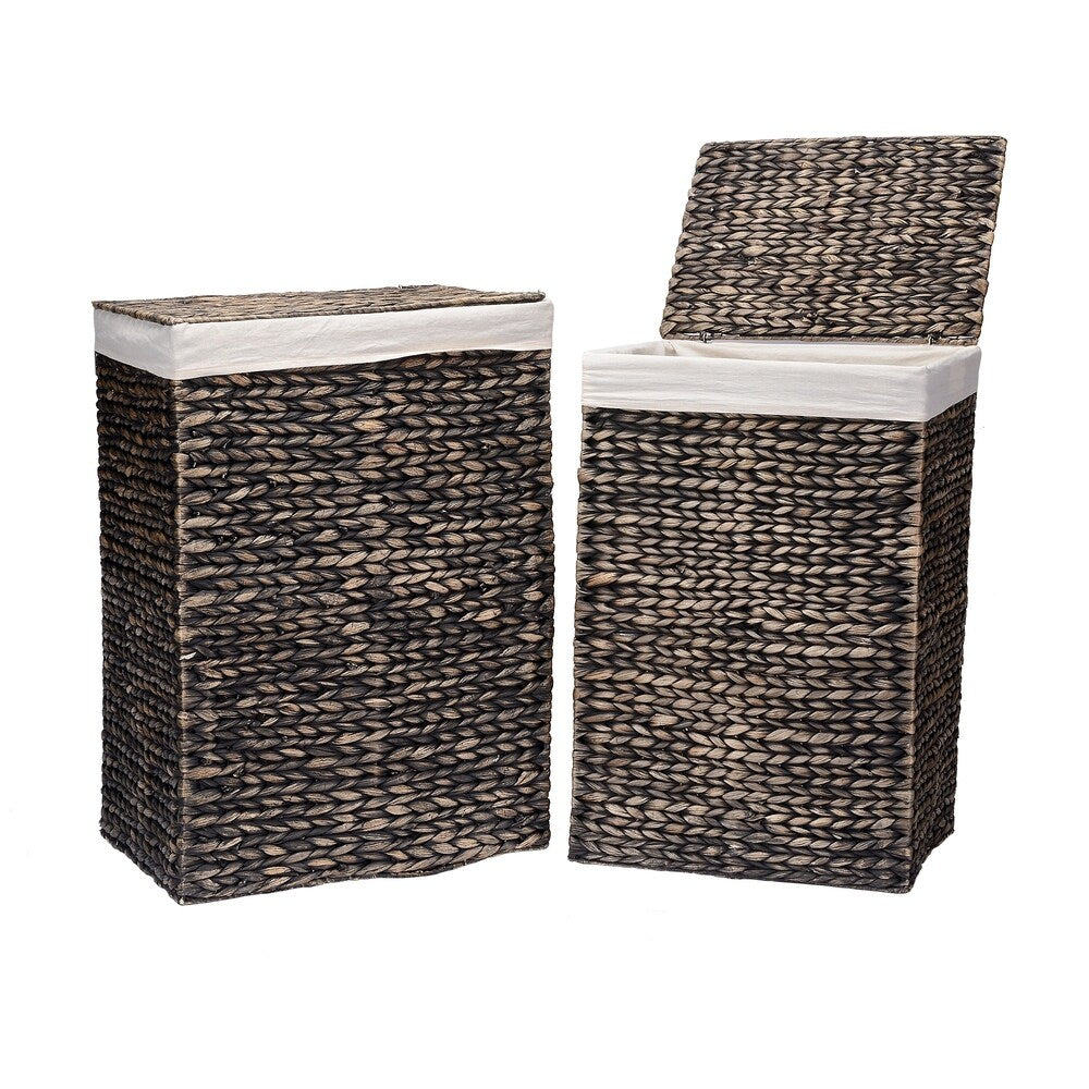 Handmade Wicker Laundry Hampers - Set of 2 Water Hyacinth Storage Baskets with Handles and Lids by Villacera