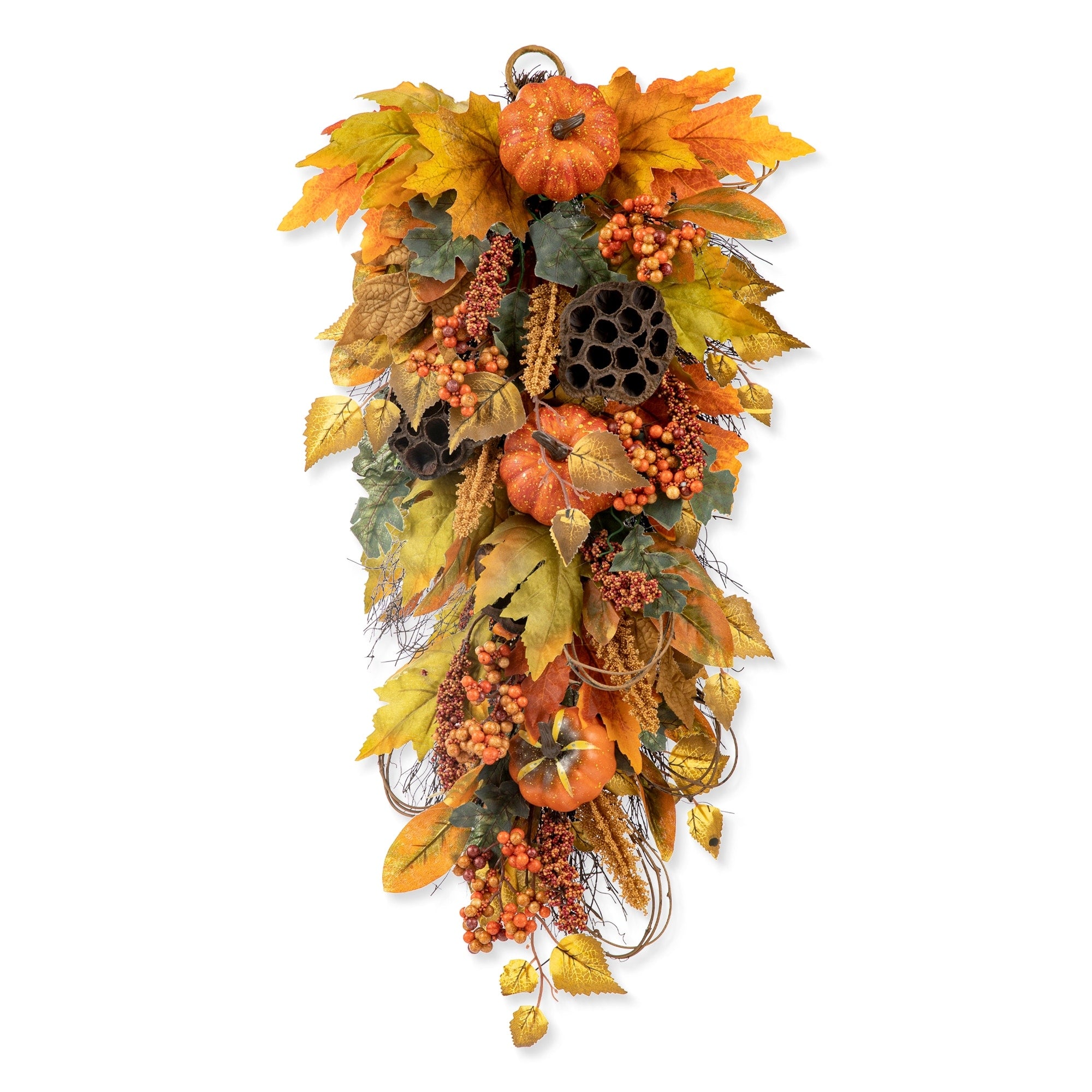 Glitzhome 26H Fall Sunflower Pumpkin Lotus Leaf Teardrop Swag for Thanksgiving