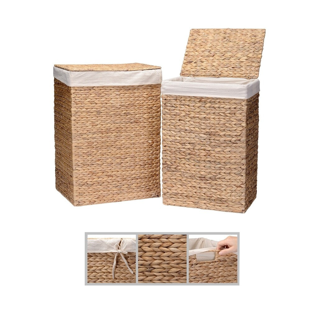 Handmade Wicker Laundry Hampers - Set of 2 Water Hyacinth Storage Baskets with Handles and Lids by Villacera