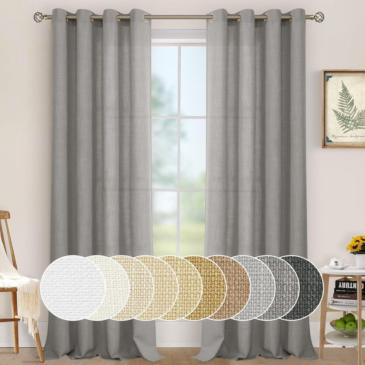 Natural Linen Curtains for Living Room, Faux Linen Textured Privacy Drapes Grommet Boho Panels, Set of 2 Panels