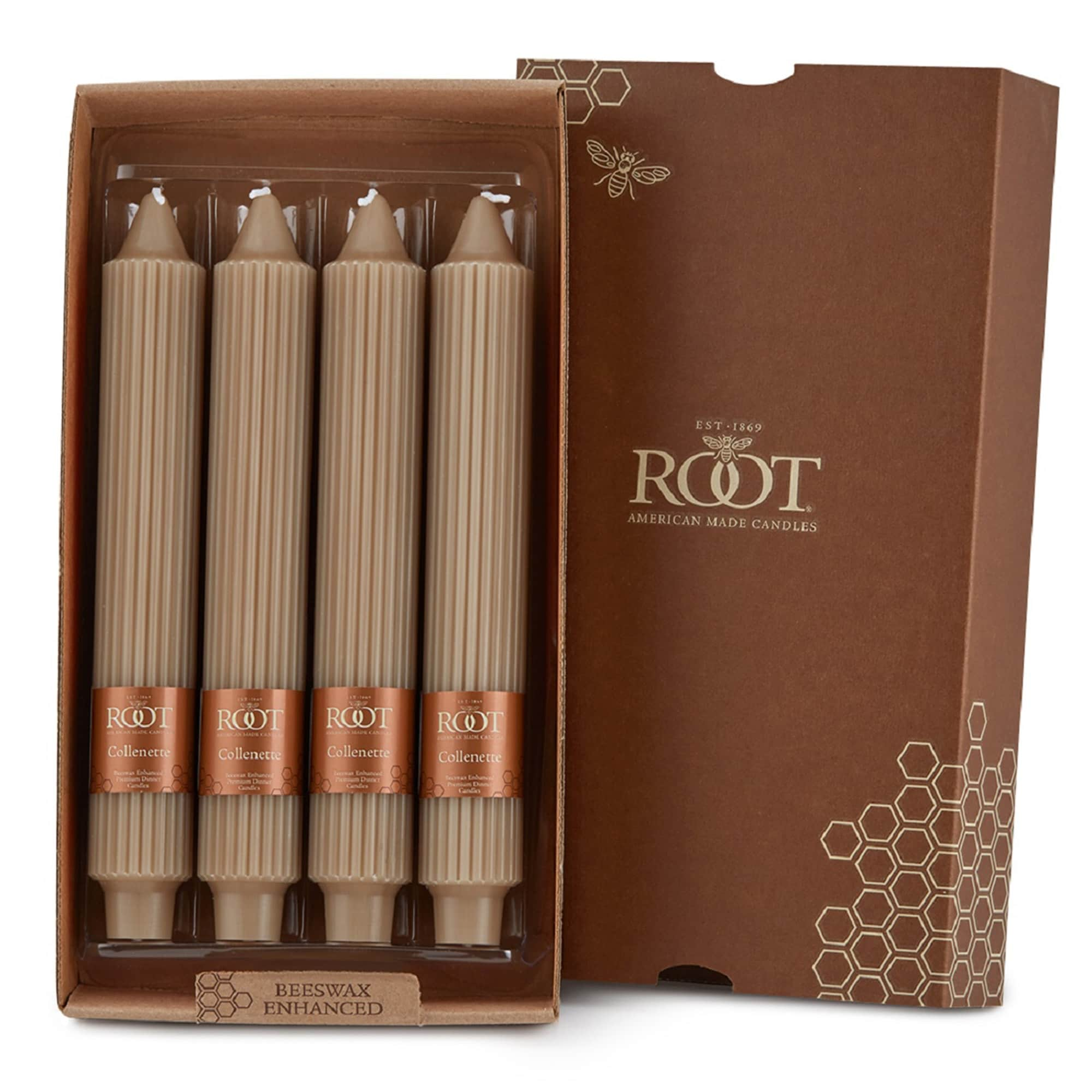 Root Unscented Grecian Collenette Taper Candles box of 4