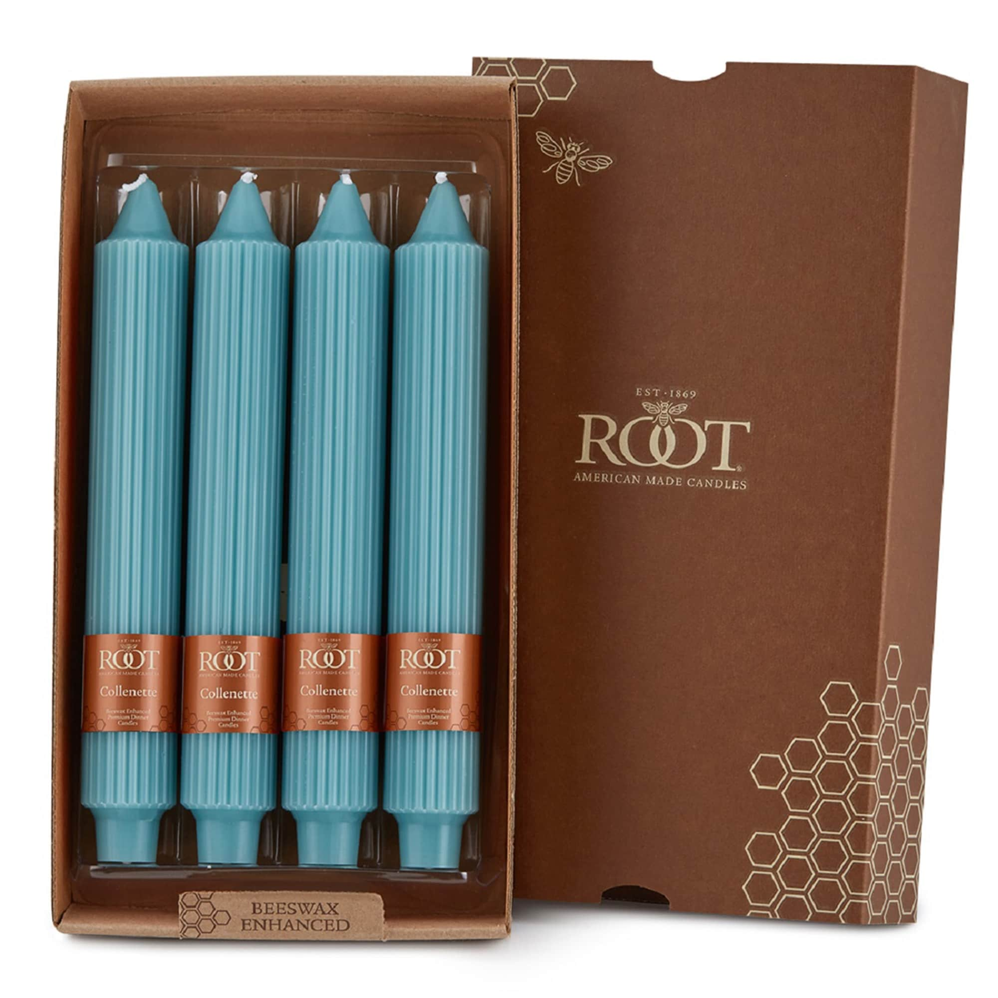 Root Unscented Grecian Collenette Taper Candles box of 4