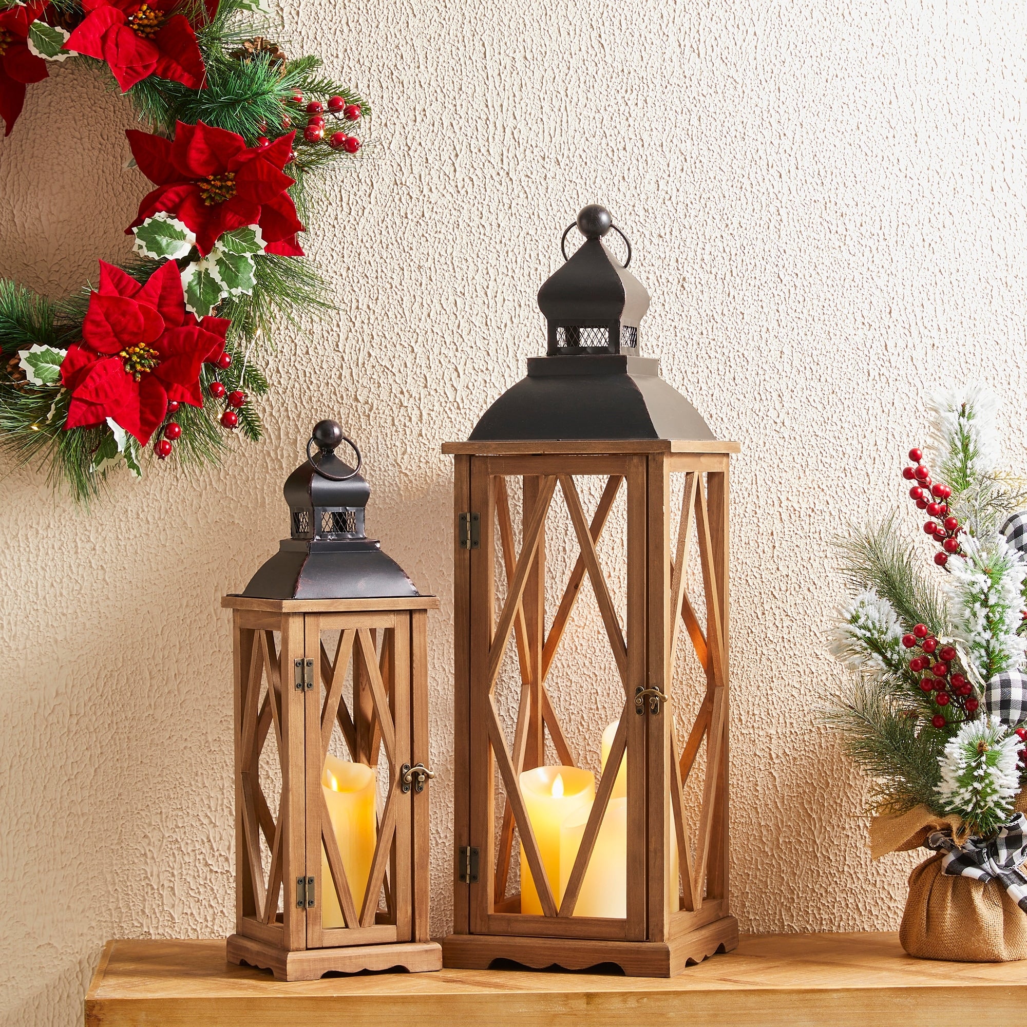 Glitzhome 2-Piece Oversize Farmhouse Wood/ Metal Hanging Candle Holders Decorative Lanterns