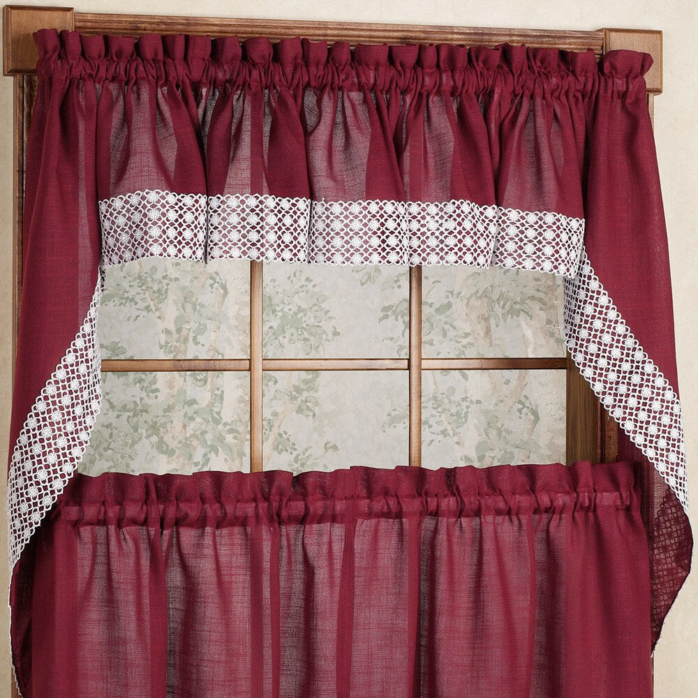 Burgundy Country Style Curtain Parts with White Daisy Lace Accent- Tier, Swag and Valances