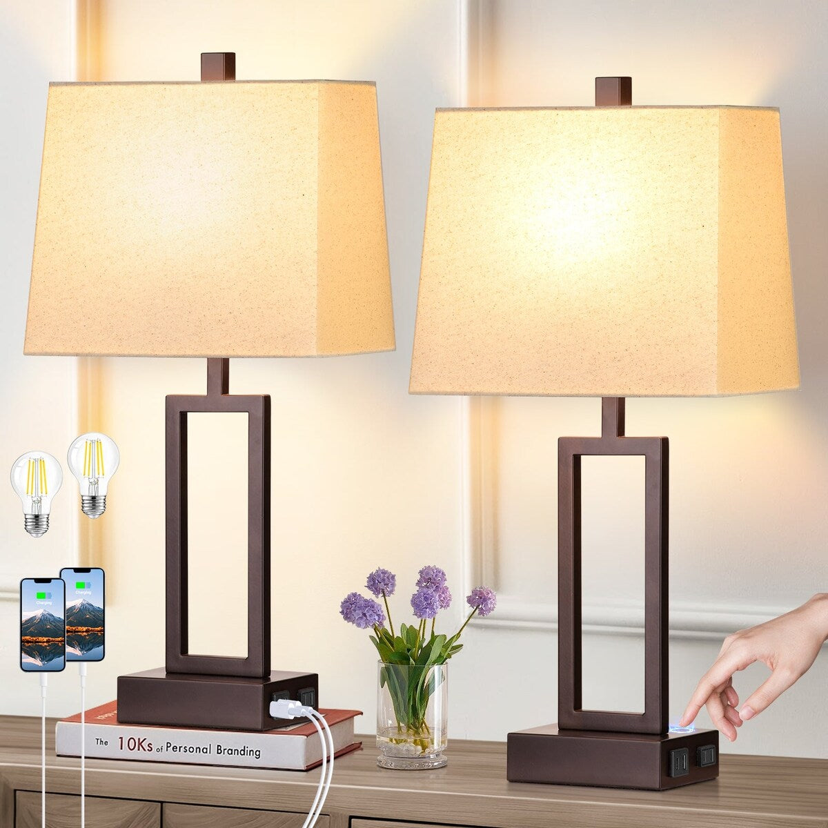 Table Lamps Black Matte Metal Beige Shade with USB Type-C Charging Ports AC Outlet 3-Way Touch Dimming Switch (Set of 2)