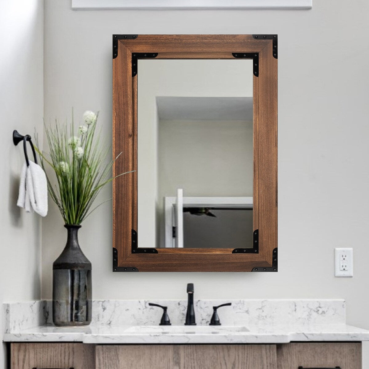 Rustic Wooden Framed Wall Mirror, Natural Wood Bathroom Vanity Mirror - Brown