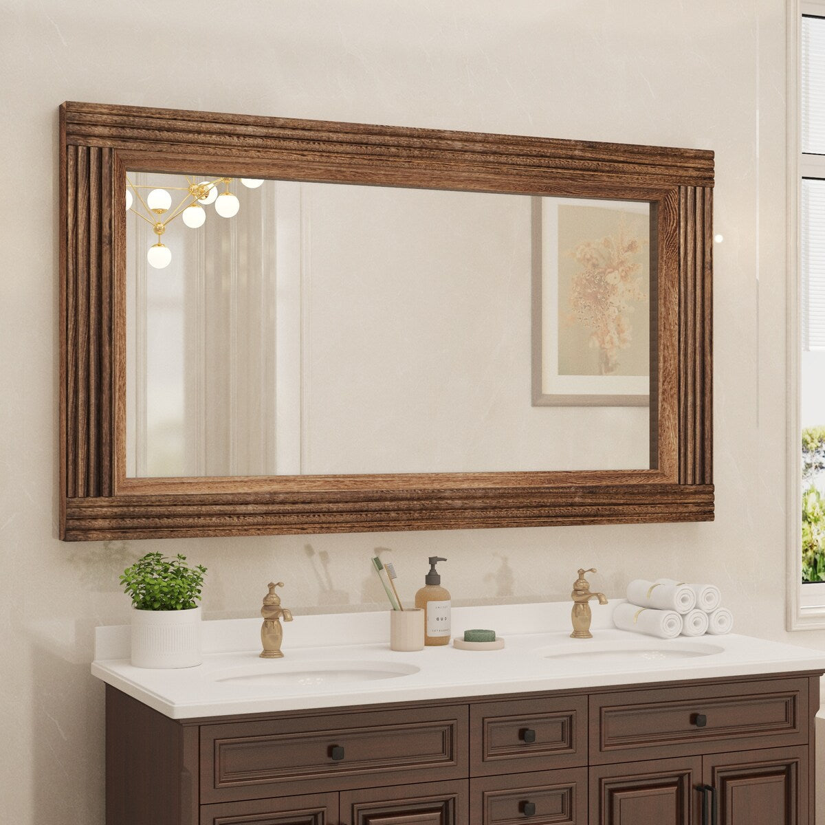 Solid Wood Frame Flat Bathroom Mirror