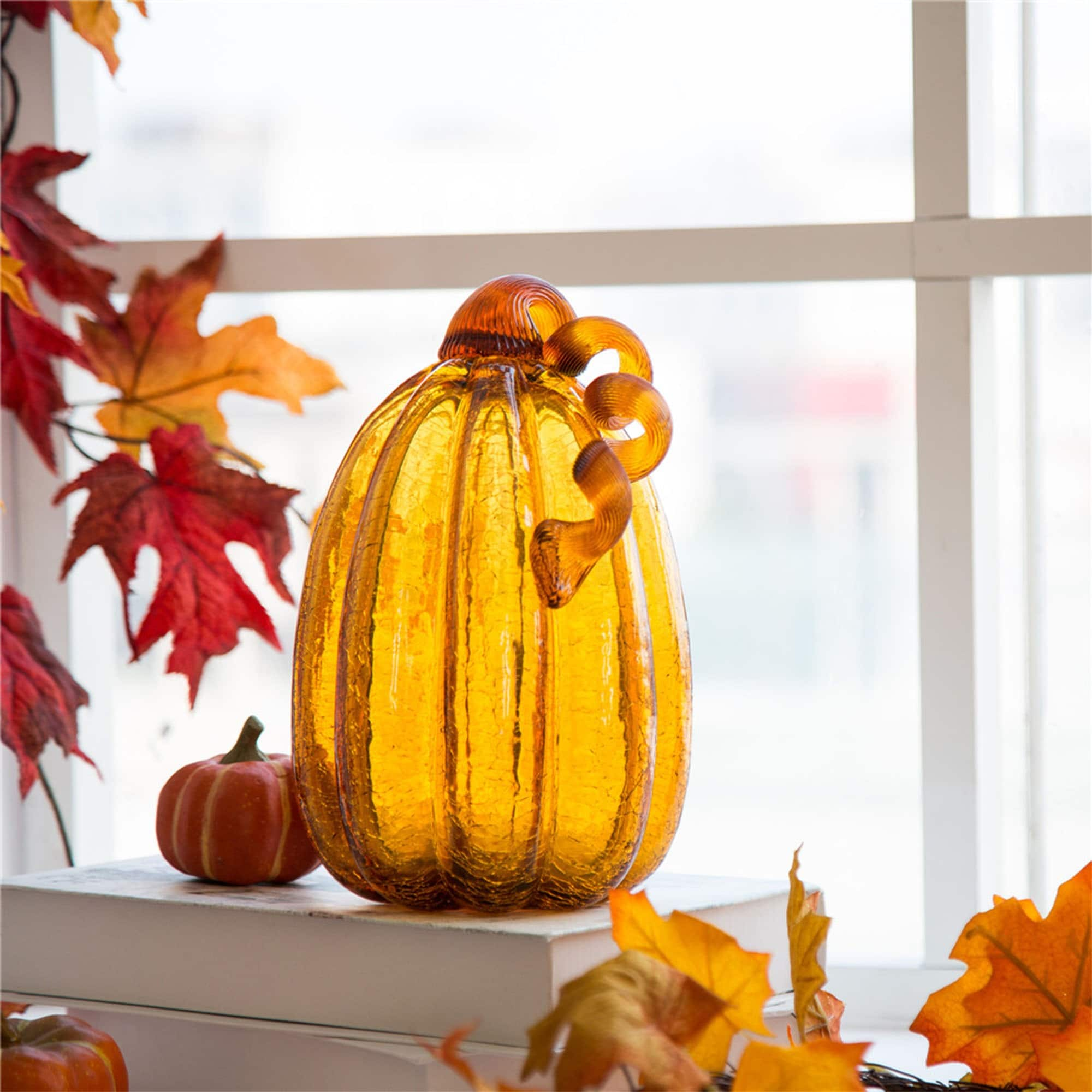 Glitzhome Amber Crackle Handblown Fall Harvest Glass Pumpkins for Thanksgiving Decor