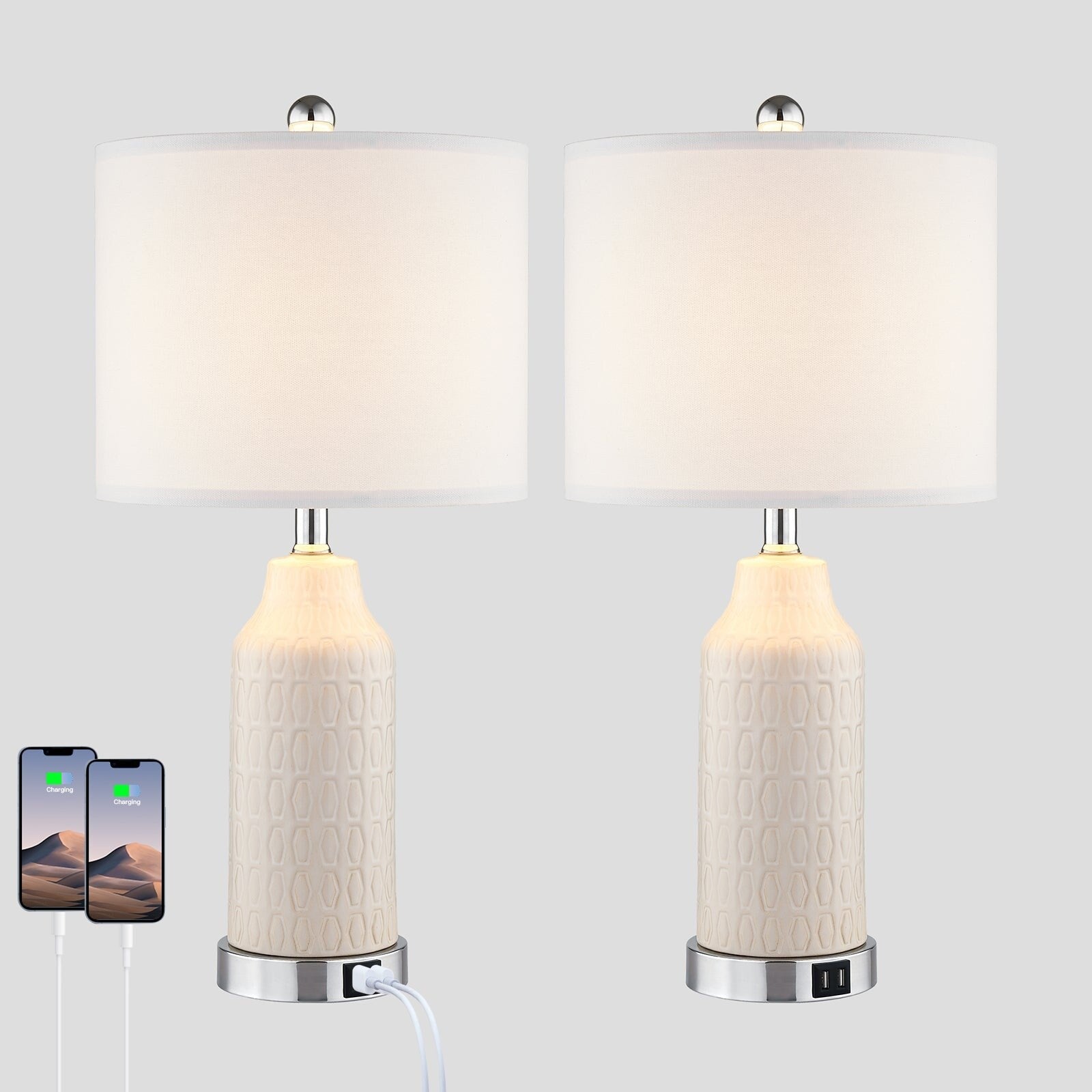 White Ceramic Table Lamps with 3-way Touch Dimming Switch & Dual USB Charging Ports & AC Outlet (Set of 2)