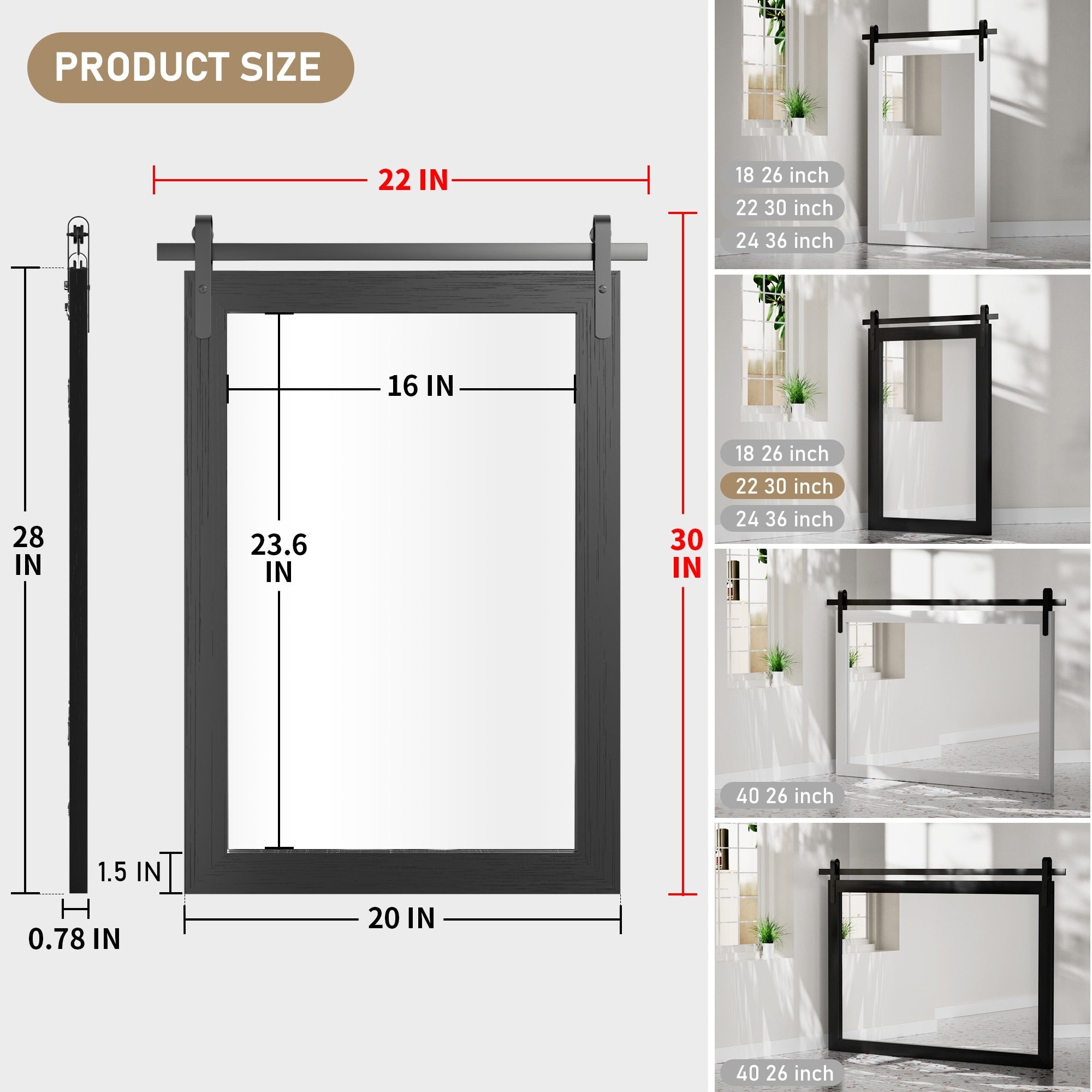 Modern Wall Mirrors, Rectangular Mirror with Wood Framed, Bathroom Mirror Barn Mirror Barn Door Mirror with Multi Size