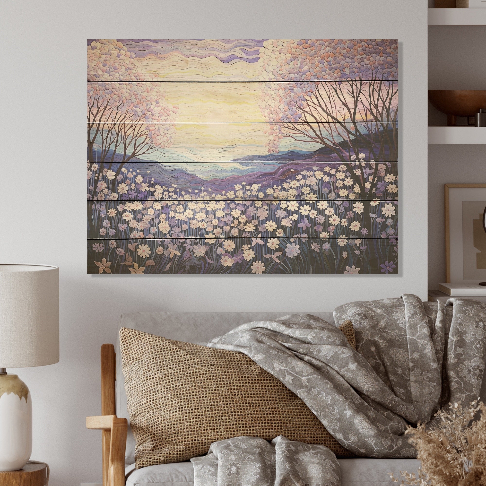 Designart Magical Lilac Flowers Field I Flower Wood Wall Decor - Traditional Purple Wood Panel On Natural Pine Wood