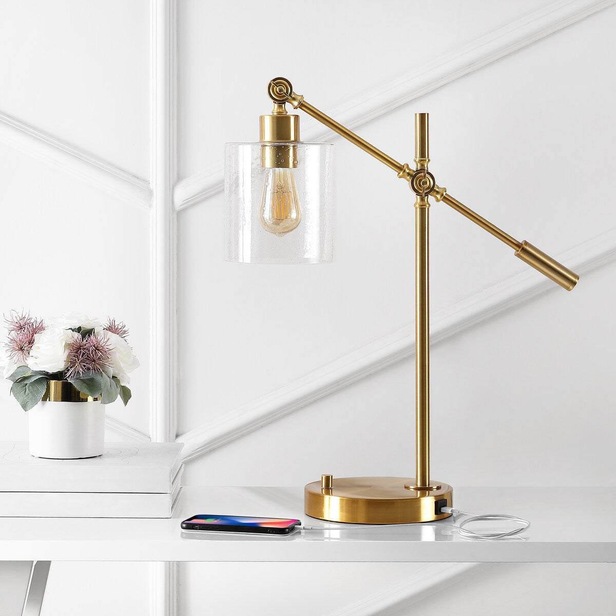 Jason Classic 23 Iron/Seeded Glass Adjustable Head Modern USB Charging LED Task Lamp, Brass Gold by JONATHAN Y - 1 Bulb