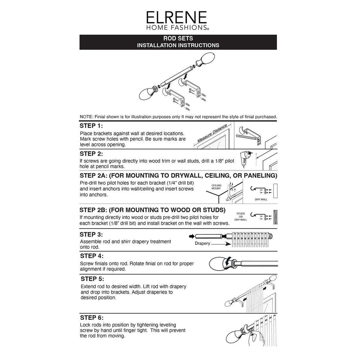 Elrene Serena Adjustable Window Curtain Rod and Cap Shaped Finial