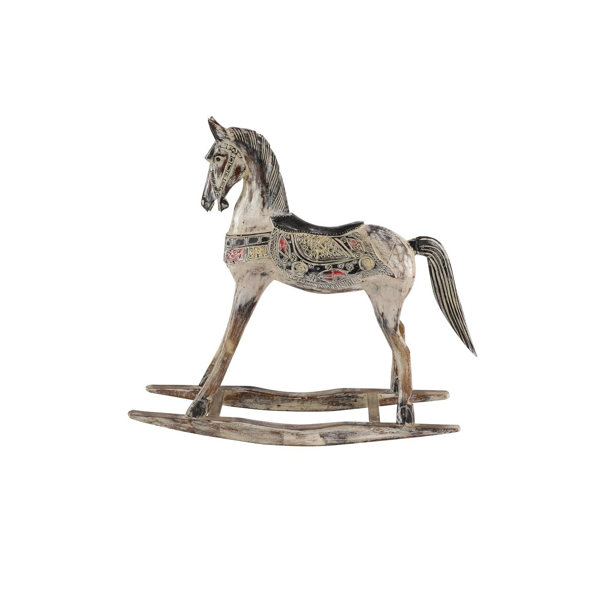 Wood Horse Rocking Decorative Sculpture with Brown Distressing and Colorful Accents - Beige - Roche River Decor