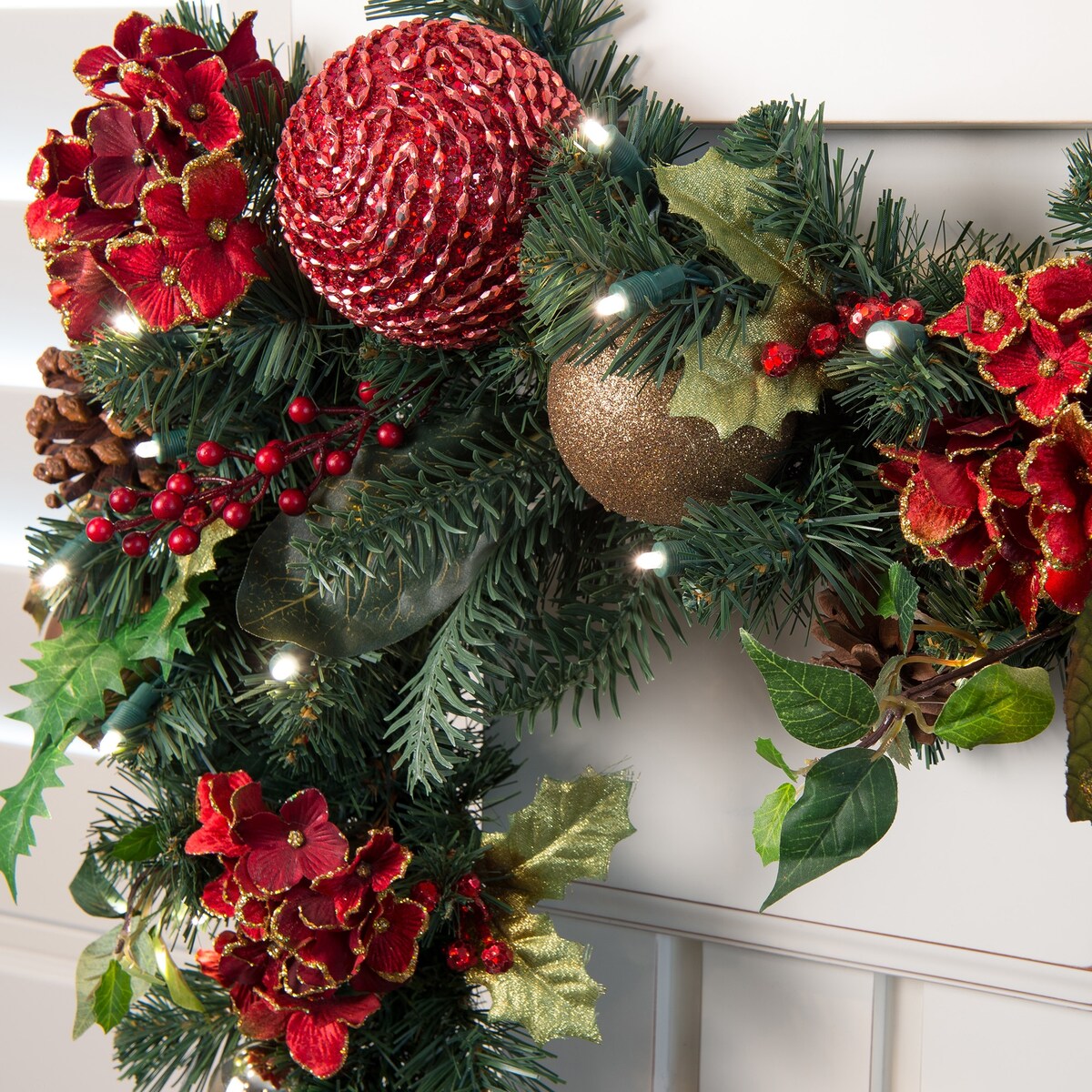 9 ft. Artificial Christmas Garland with Lights - Scarlet Hydrangea - Red