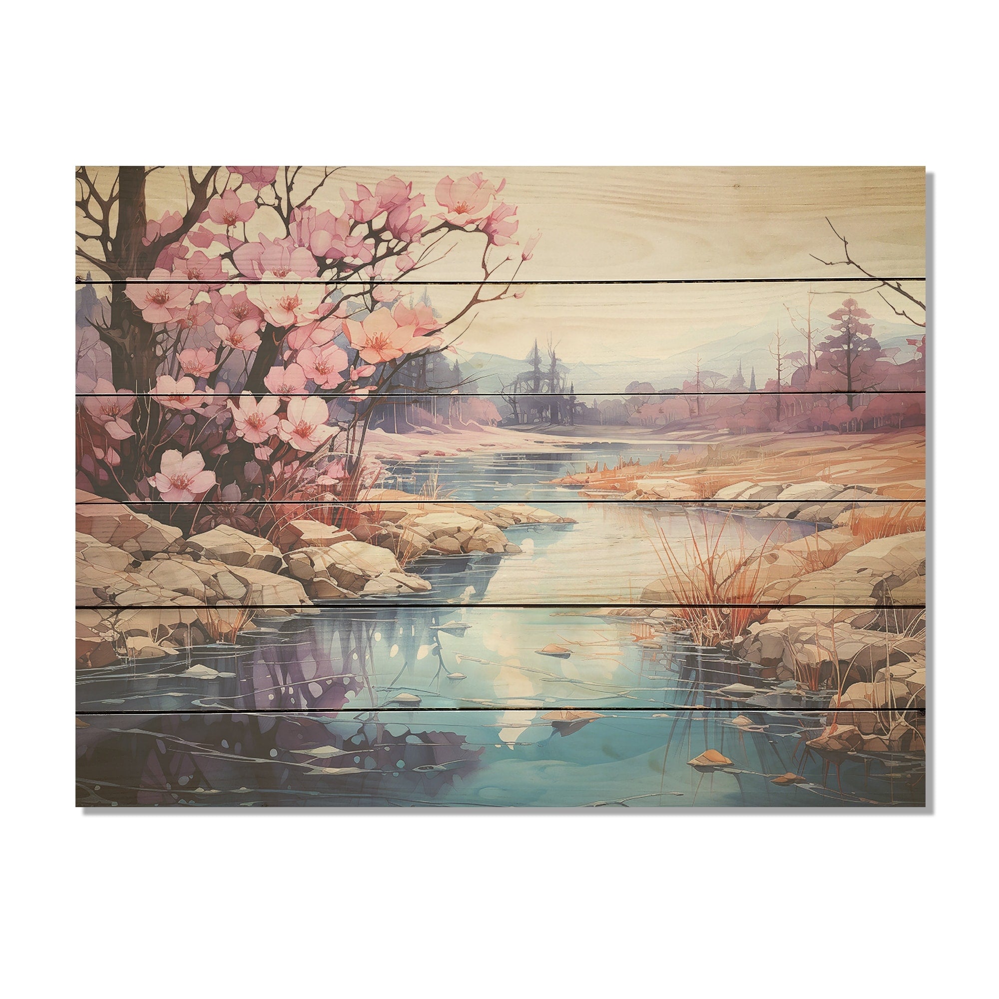 Designart Alcohol Ink River Tranquility Countryside Wood Wall Decor - Country Pink Wood Panel On Natural Pine Wood