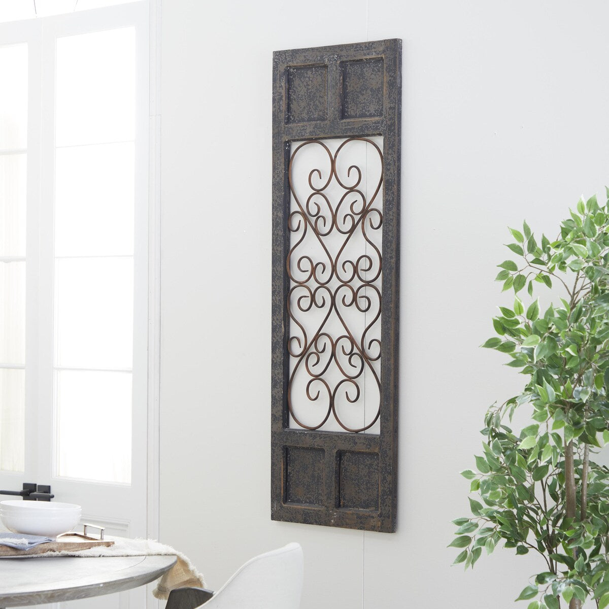 Wood Scroll Window Inspired Panel Home Wall Decor with Copper Metal Scrollwork - Brown - Roche River Decor