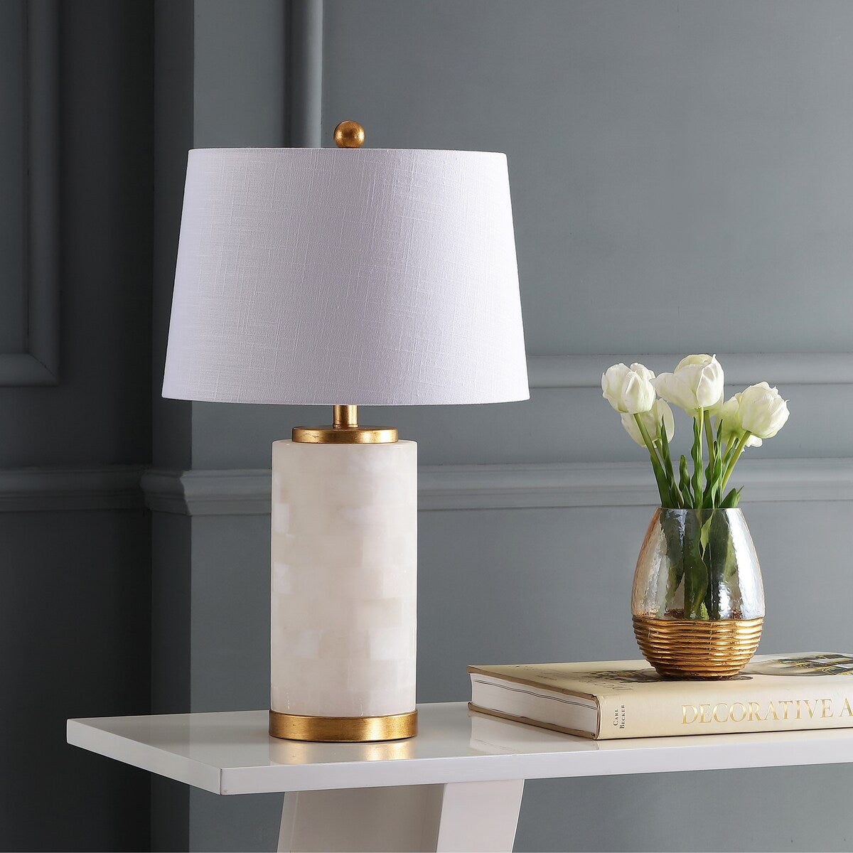 Versailles 25.5 Alabaster LED Table Lamp, White/Gold Leaf by JONATHAN Y