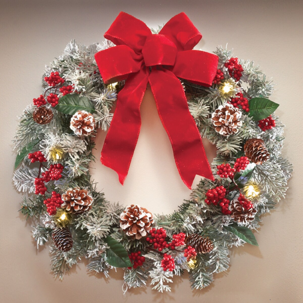 Lighted Holiday Frosted Pine Wreath - 13.700 x 13.500 x 4.800