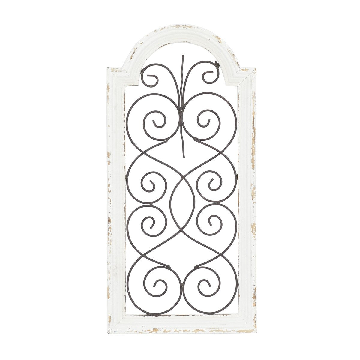 Wood Scroll Arched Window Inspired Home Wall Decor with Metal Scrollwork Relief - White - Roche River Decor