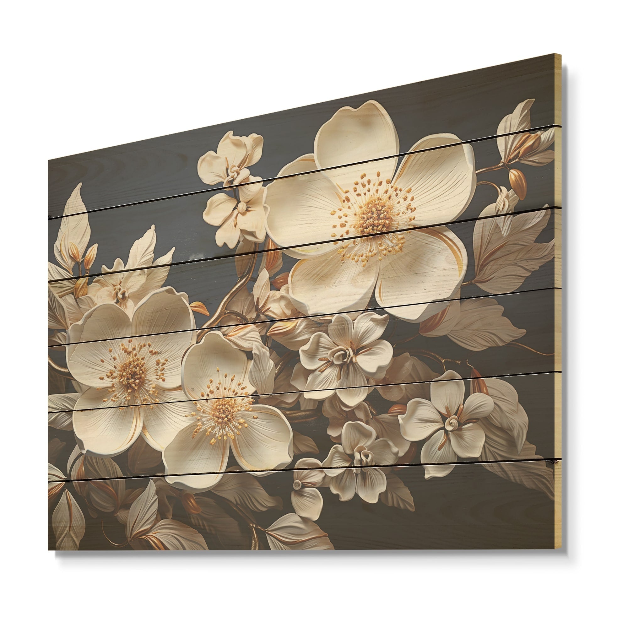 Designart Gilded White Dogwood Tranquility I Dogwood Wood Wall Decor - Traditional Wood Panel On Natural Pine Wood