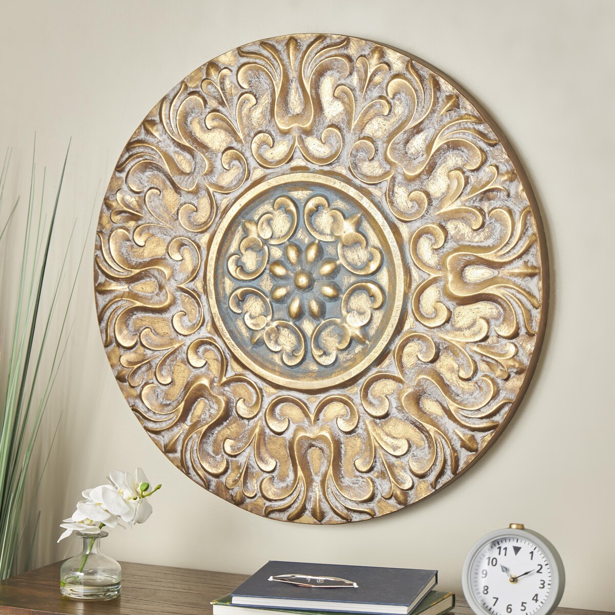 Metal Plate Home Wall Decor with Embossed Details - Gold - Roche River Decor