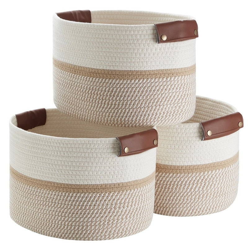 3 Pack Woven Cotton Rope Shelf Storage Basket with Leather Handles, Baby Nursery Storage Bin Organizers, Closet Shelf Storage