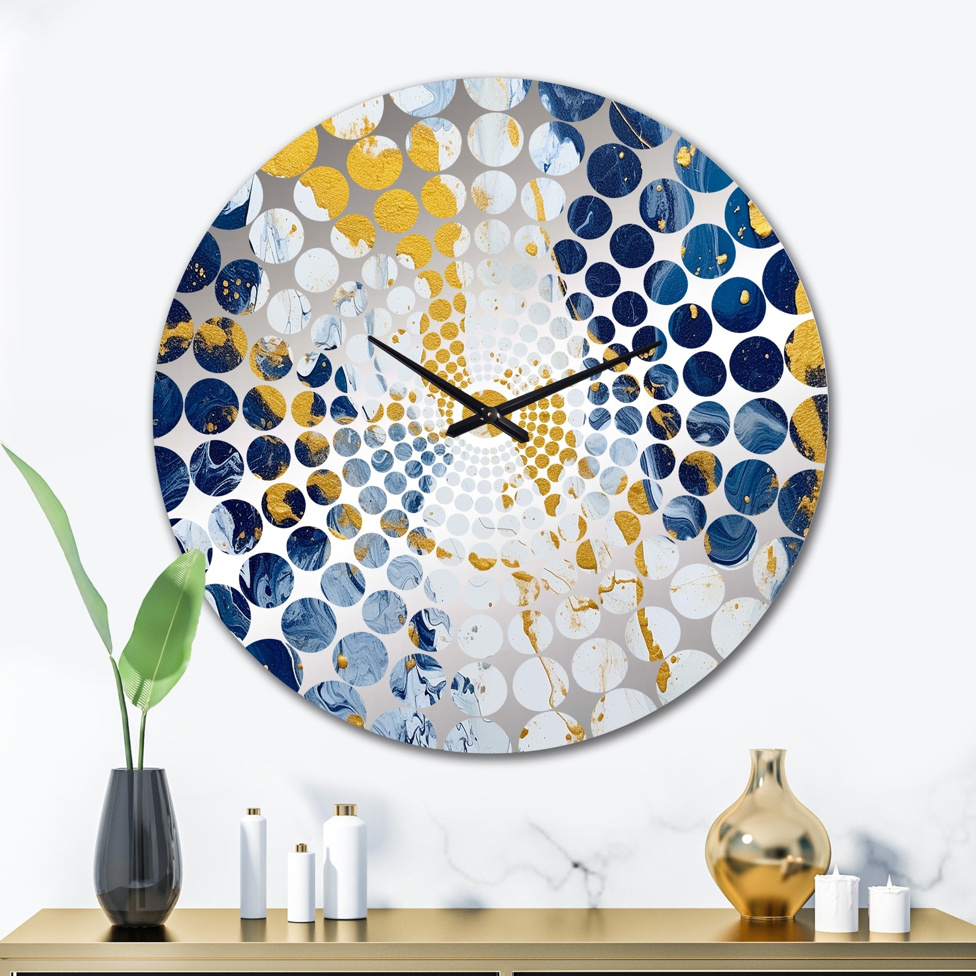 Designart Blue and Gold Luxury Abstract Fluid Art XI Blue Fractals Clocks Modern Oversized Wall Clocks For Bedroom