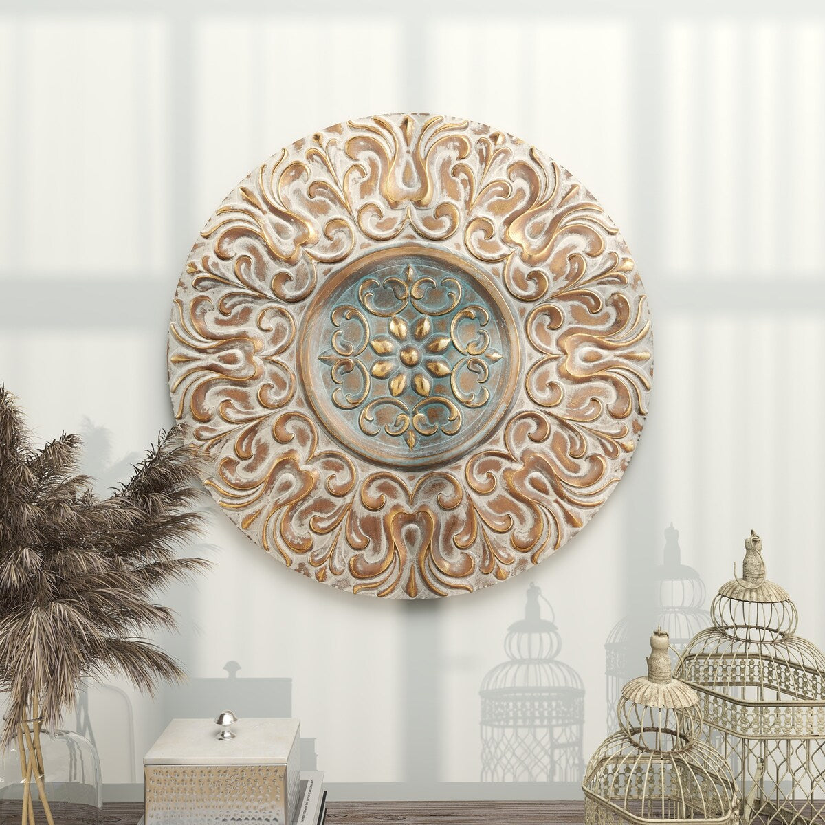 Metal Plate Home Wall Decor with Embossed Details - Gold - Roche River Decor