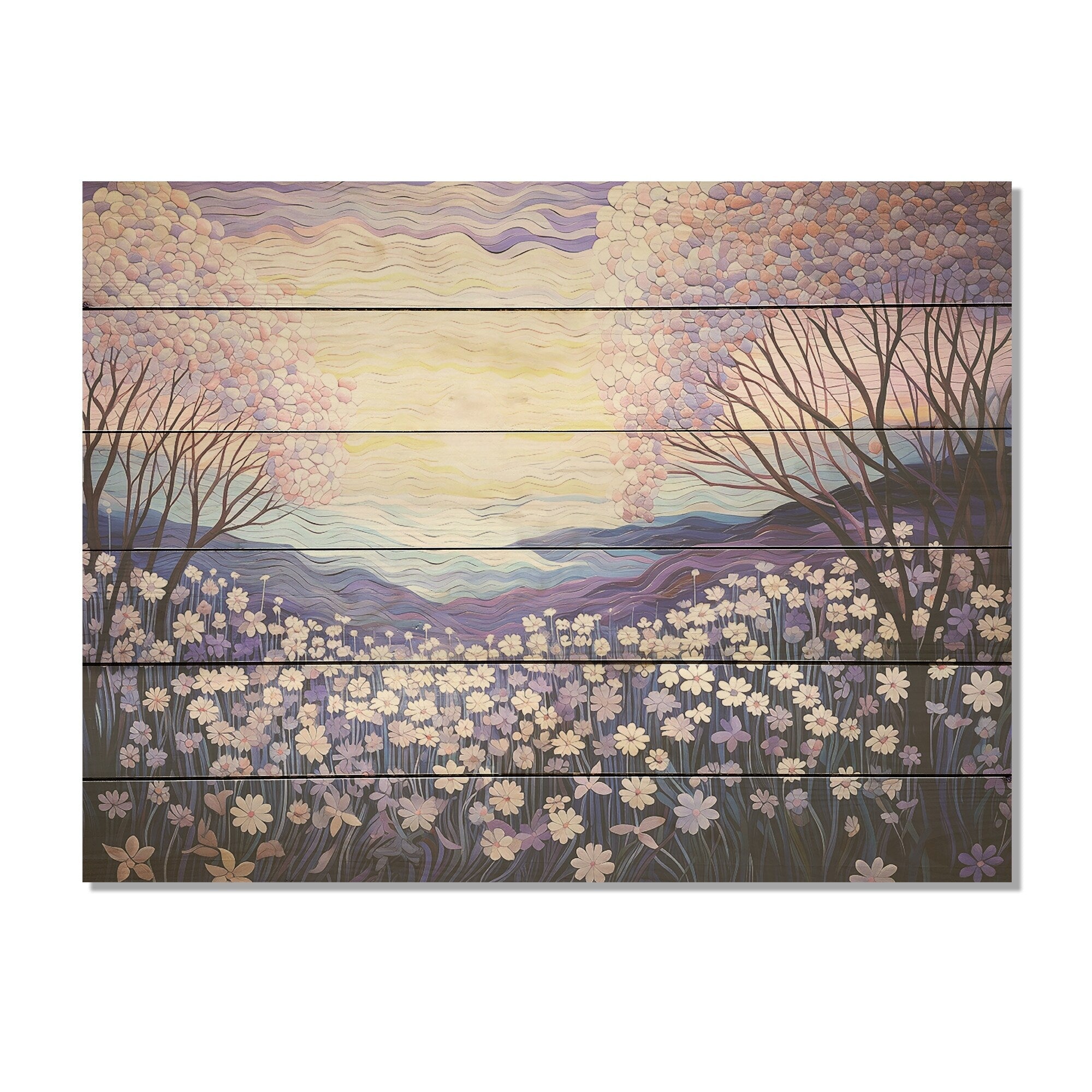 Designart Magical Lilac Flowers Field I Flower Wood Wall Decor - Traditional Purple Wood Panel On Natural Pine Wood