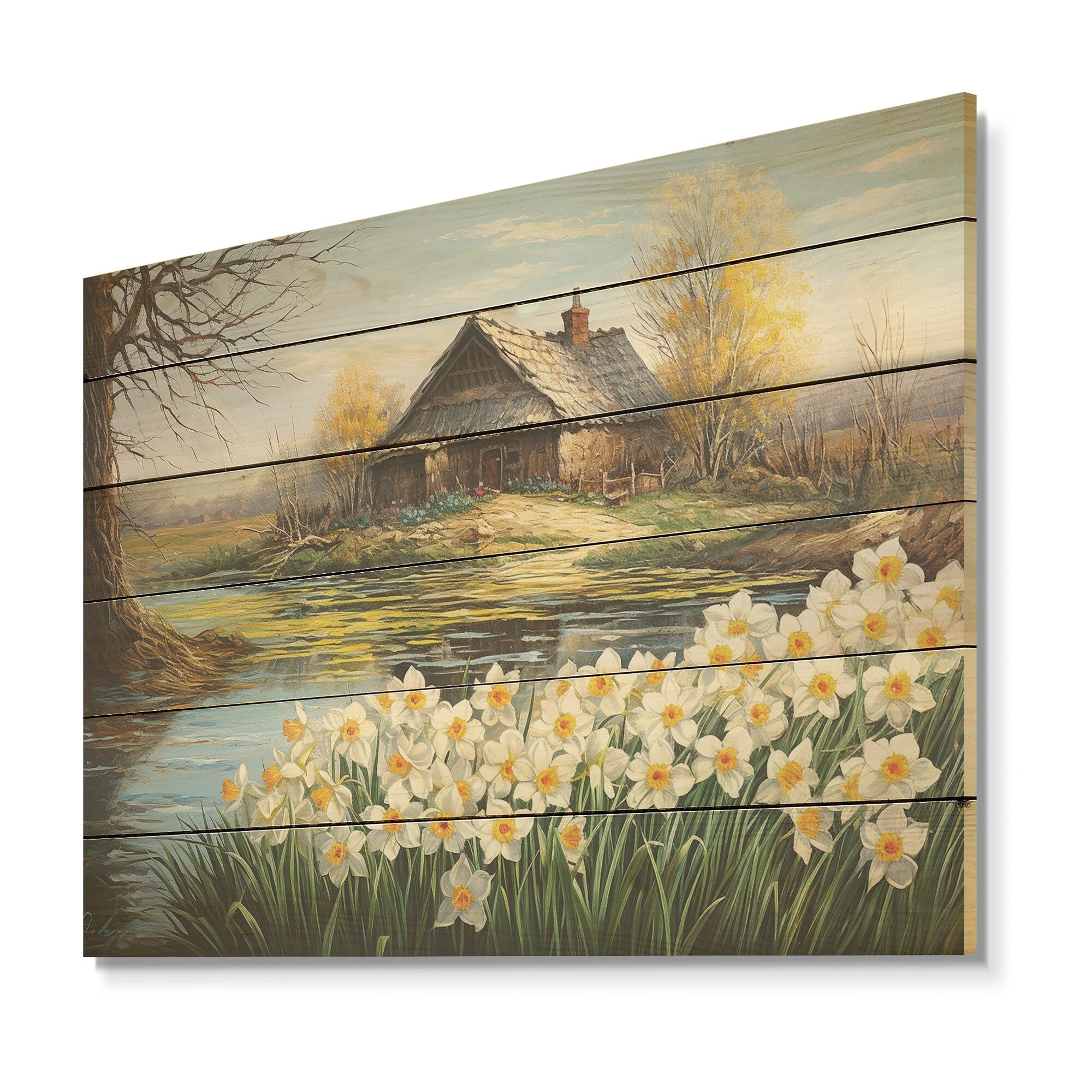 Designart White And Yellow Daffodils Country Charm I Flowers Wood Wall Decor - Green Wood Panel On Natural Pine Wood