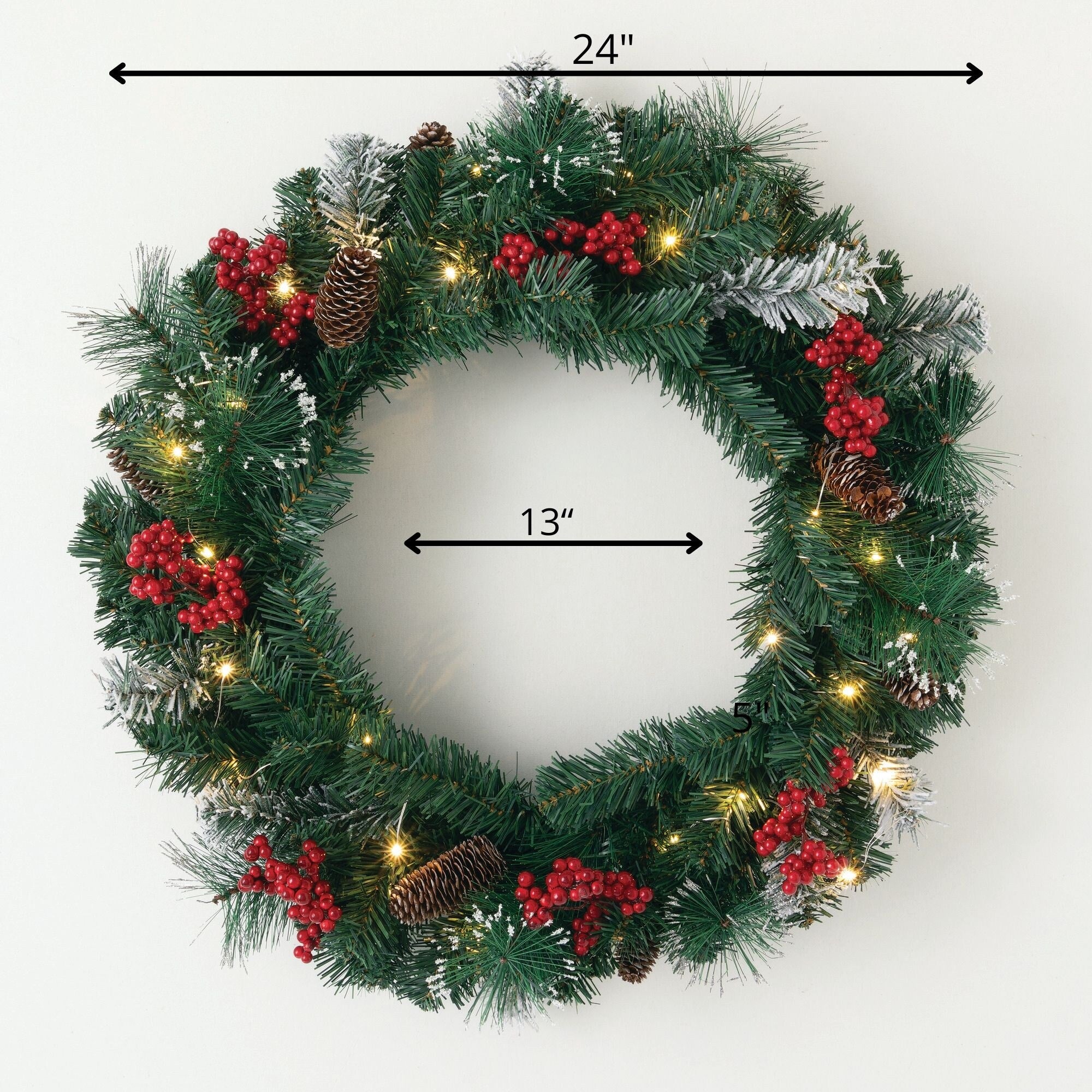 Sullivans Artificial 24 LED Mixed Pine Christmas Wreath with Flocking, Pinecones and Berries, Green