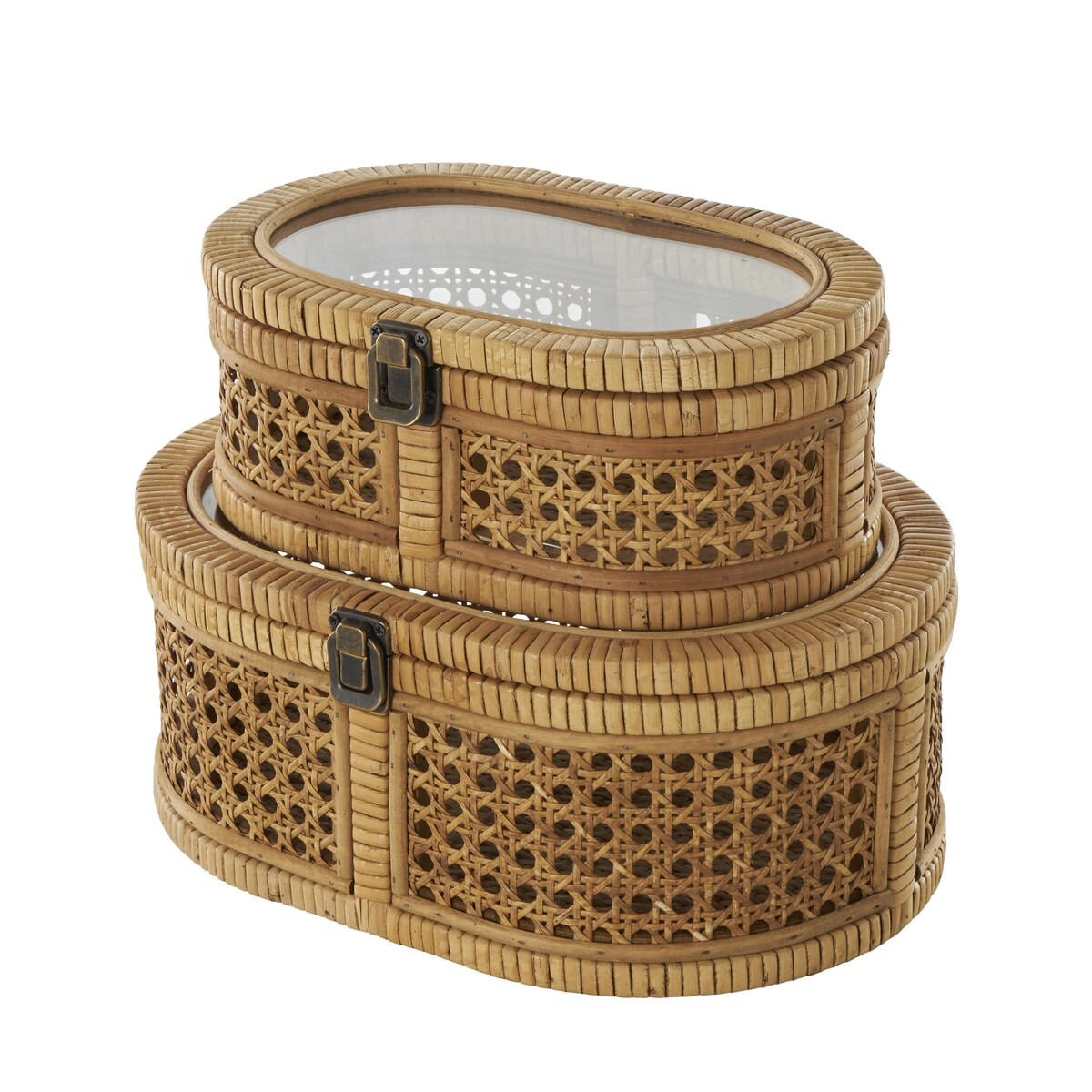 Rattan Handmade Wrapped Oval Storage Decorative Box with Cane Panels and Tempered Glass Top - Set of 2 Brown - Roche River Decor