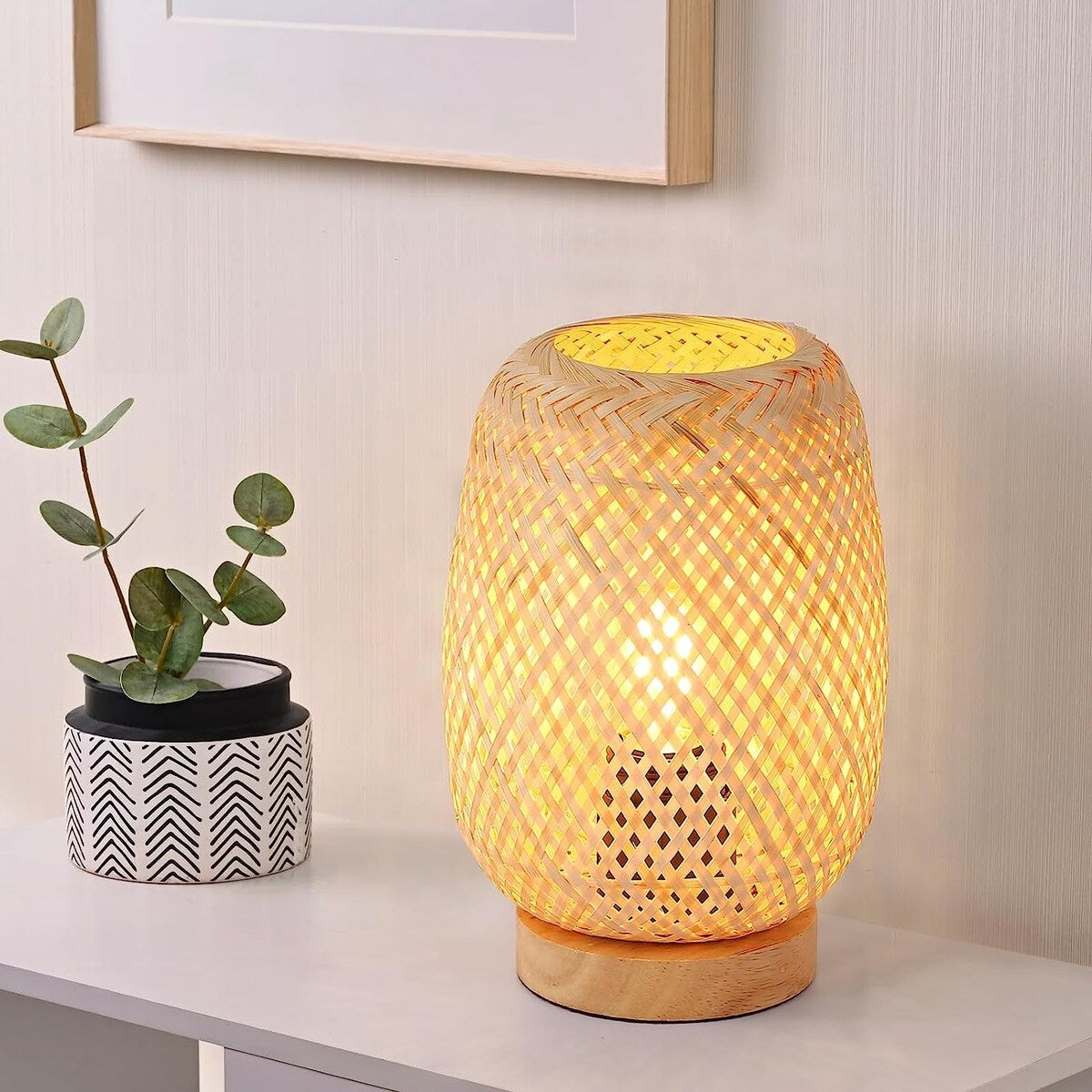 Farmhouse Natural Bamboo Rattan Table Lamp, Boho Handmade Woven Wooden Nightlight with, Industrial Wicker Desk Light Bedroom