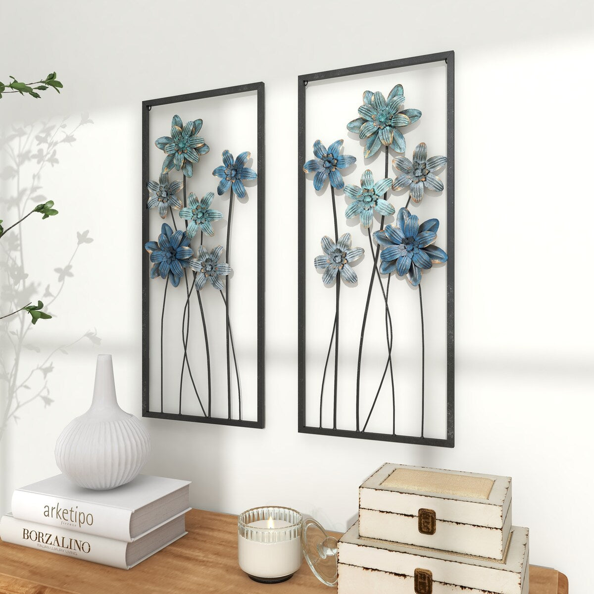 Metal Floral Home Wall Decor with Black Frames and Gold Accents - Set of 2 Teal - Roche River Decor