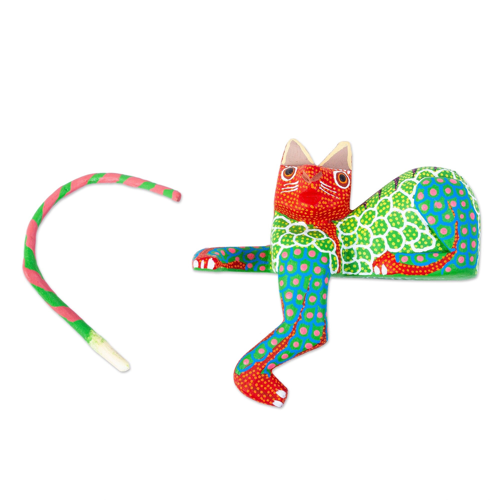 Novica Handmade Lounging Cat In Green Wood Alebrije Figurine