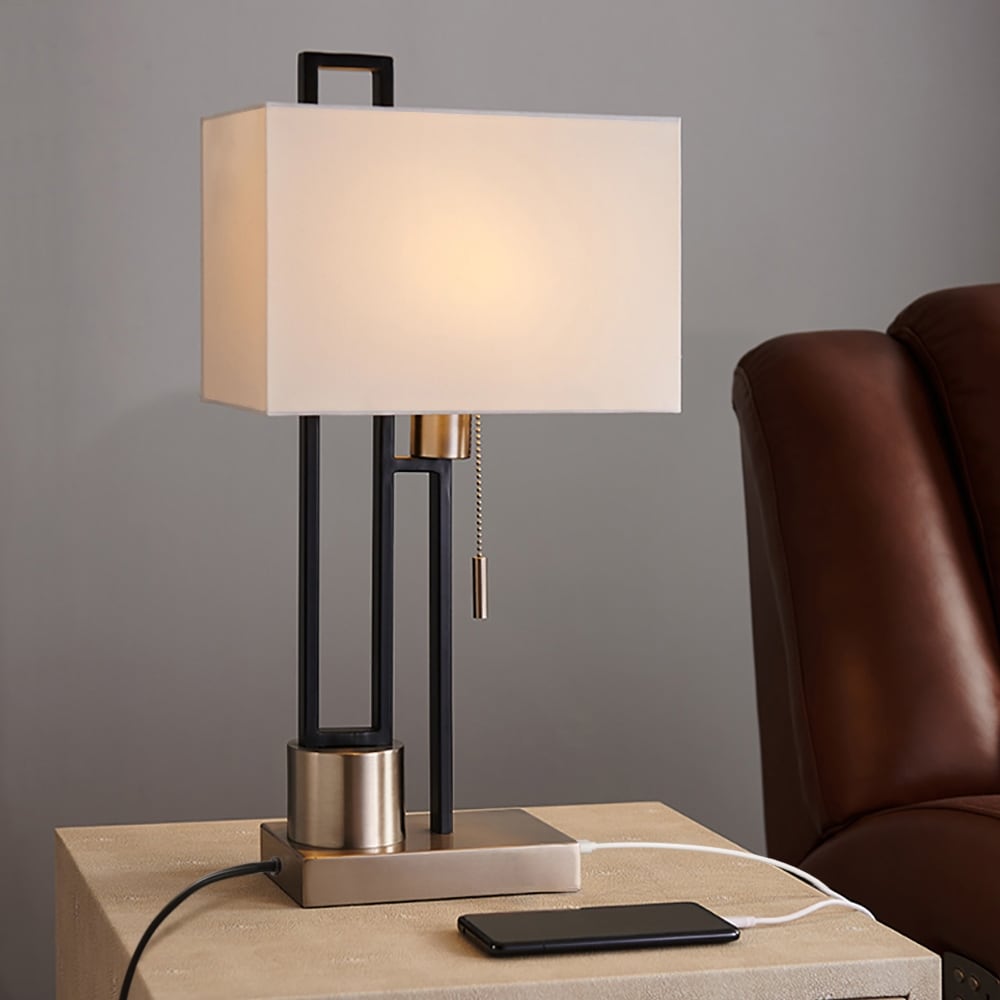 Matte Black/Brushed Nickel Table Lamp with USB Port and White Linen Shade， 9.5W LED Bulb Included - 21 H