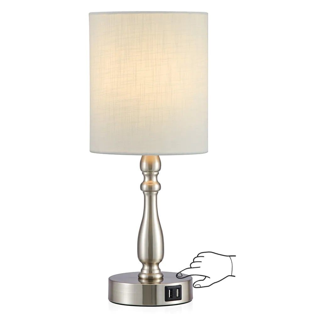 3-Way Dimmable Touch Control Small Table Lamp with 2 USB Port, Brushed Steel