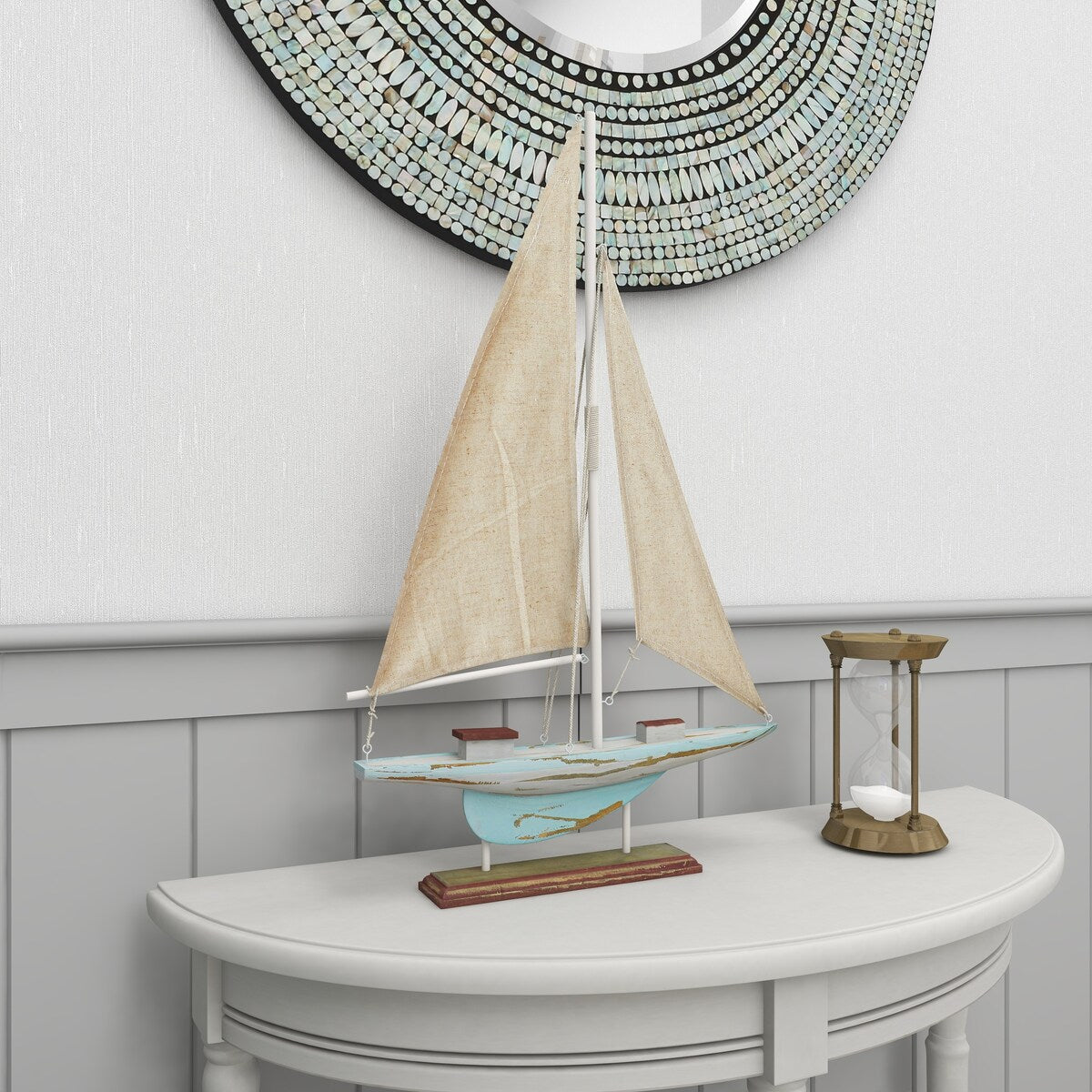 Wood Sail Boat Distressed Decorative Sculpture with Cream Linen Sails and Brown Accents - Blue - Roche River Decor