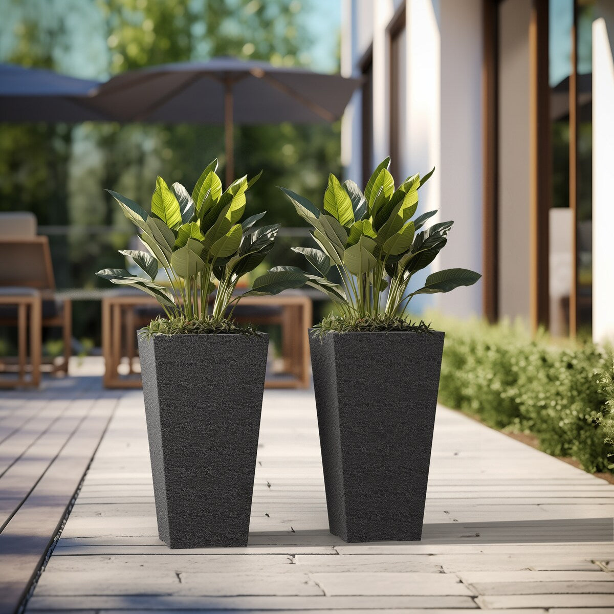 Black Tall Plastic Trapezoid Plant Pots / Large Indoor and Outdoor Flower Planters, 2 Piece Set