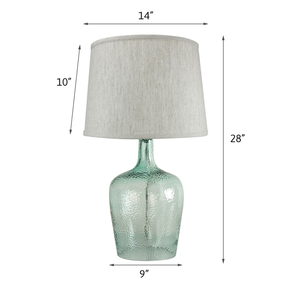 19h Artisanal Hand-Blown Aqua Green Sea Glass Coastal Style Table Lamp with Textured Oatmeal Drum Shade