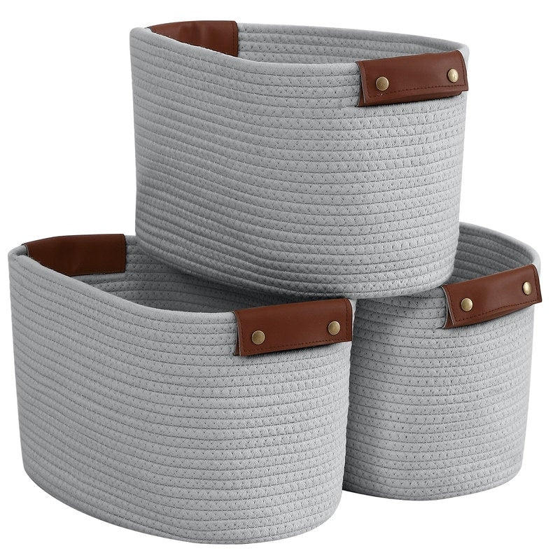 3 Pack Woven Cotton Rope Shelf Storage Basket with Leather Handles, Baby Nursery Storage Bin Organizers, Closet Shelf Storage